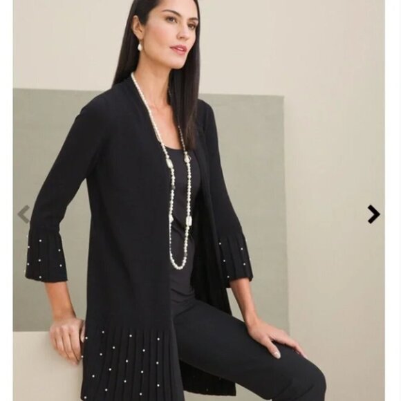 Chico’s | Black Bracelet Sleeve Pearl Embellished Cardigan Size 1/Medium - Picture 1 of 6